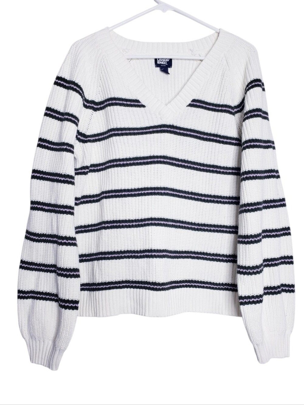 Lands' End Drifter Striped V-Neck Knit Cotton Pullover Sweater Womens Size Small